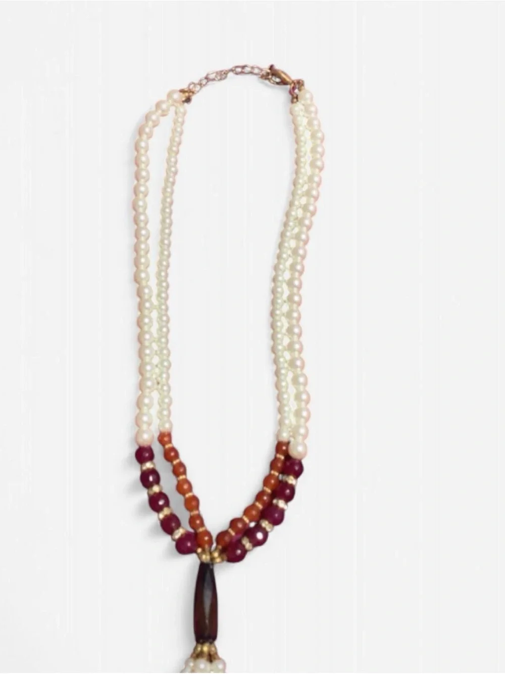 Pearl and Garnet Tassel Necklace - White and Burgundy Women’s Jewelry